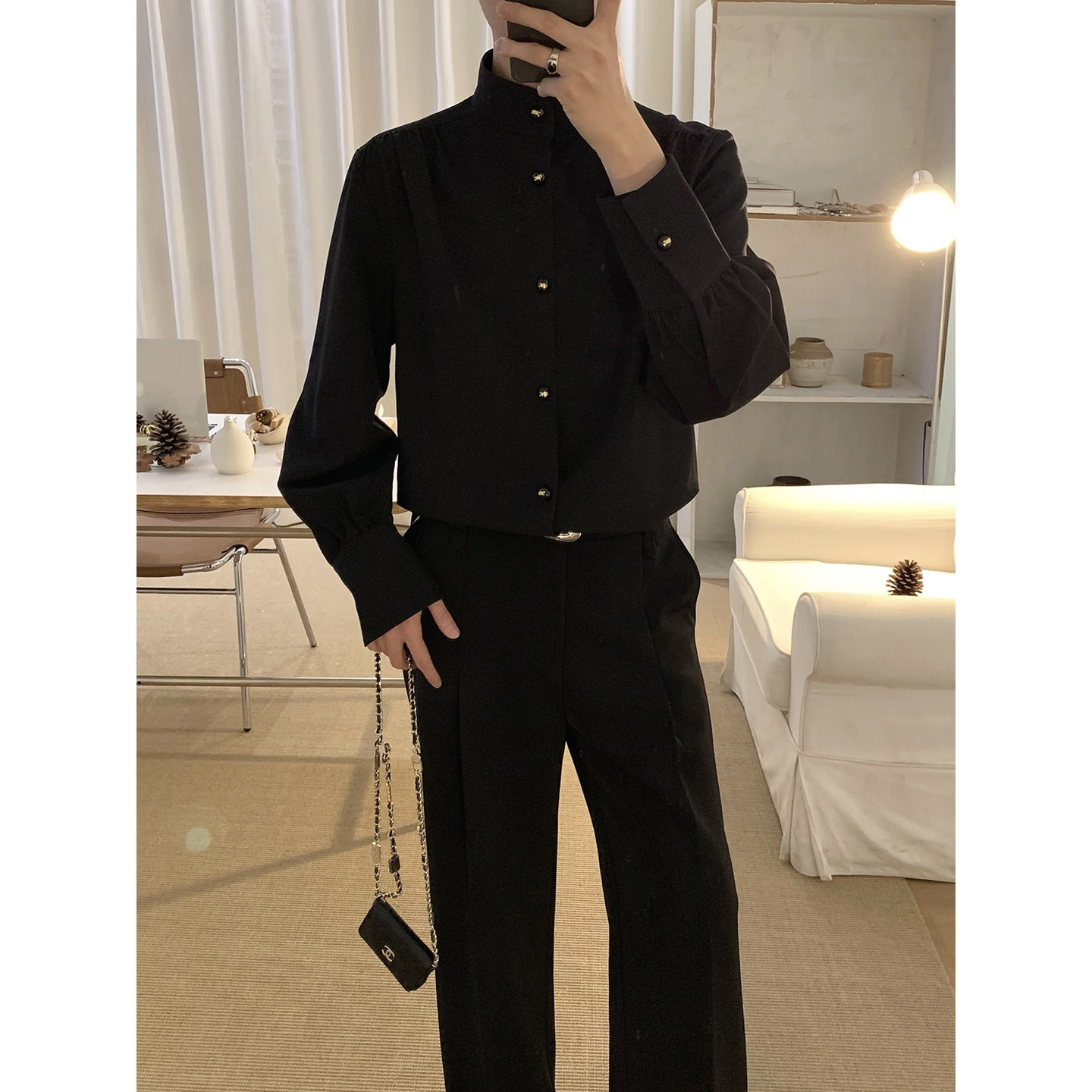 阿茶与阿古黑色宫廷风立领衬衫男秋季立领褶皱高级感休闲长袖衬衣