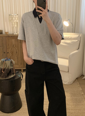 阿茶与阿古灰色假两件Polo衫男款夏季韩版潮流宽松休闲短袖上衣