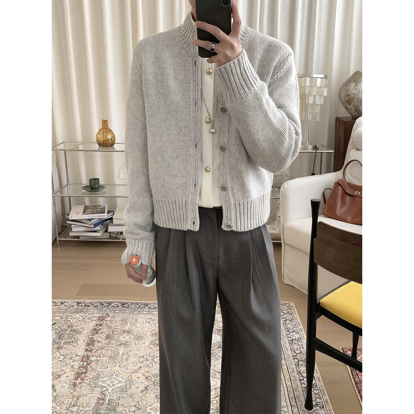 阿茶与阿古浅灰老钱风男装毛衣外套男款秋季短款气质休闲针织开衫