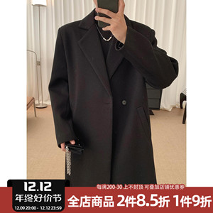 阿茶与阿古黑色斜纹大衣男款冬季潮牌高级感休闲西装领毛呢外套