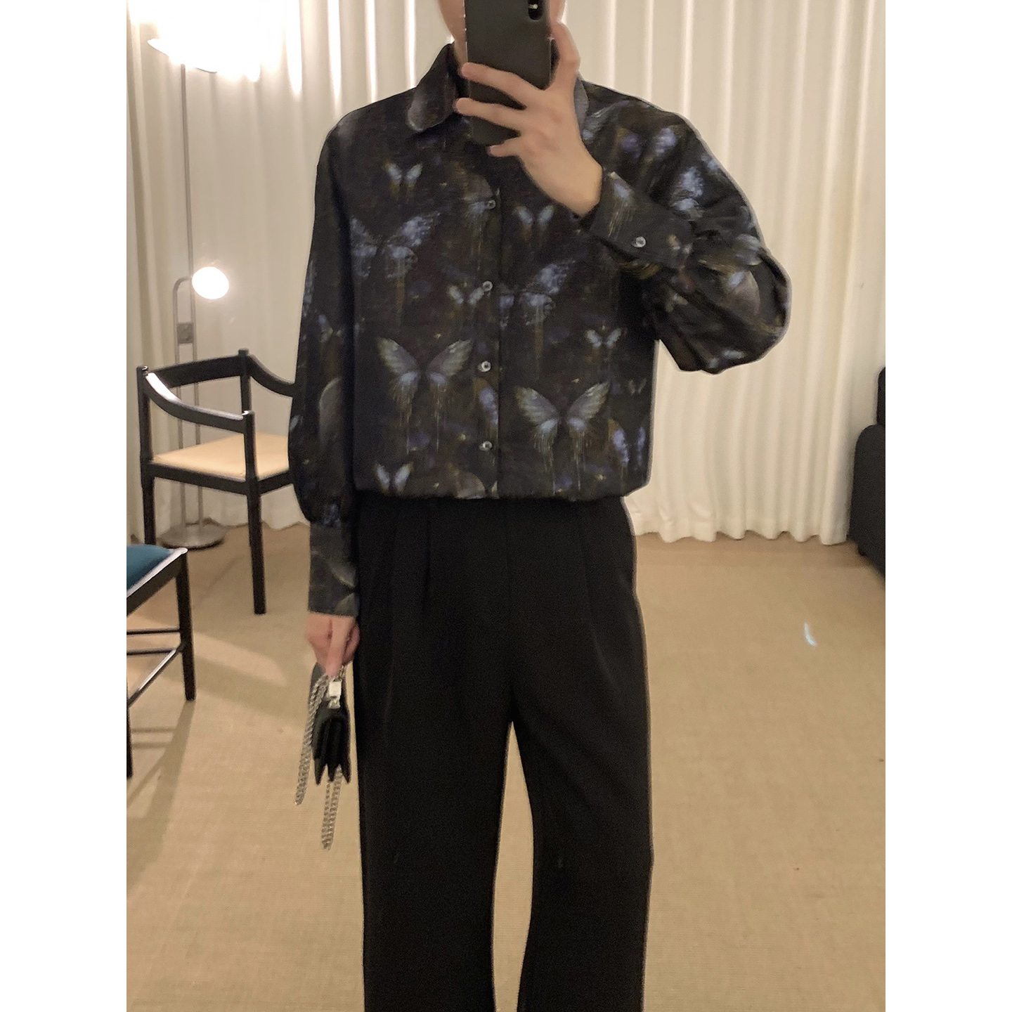 阿茶与阿古蝴蝶印花衬衫男款长袖秋季韩版高级设计感宽松休闲衬衣