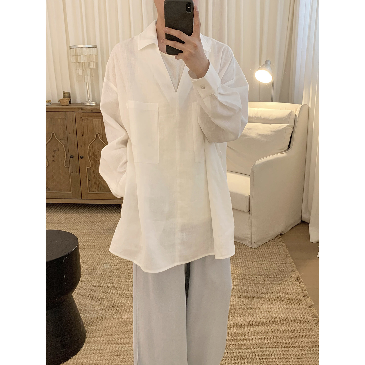 阿茶与阿古白色亚麻衬衫男款夏季日系潮流宽松休闲防晒长袖衬衣