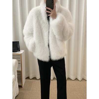 阿茶与阿古白色环保皮草男款韩版仿皮毛一体外套秋冬毛绒皮夹克