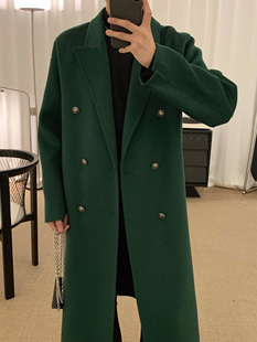 阿茶与阿古墨绿色水波纹双面毛呢大衣男款冬季韩版中长款呢子外套