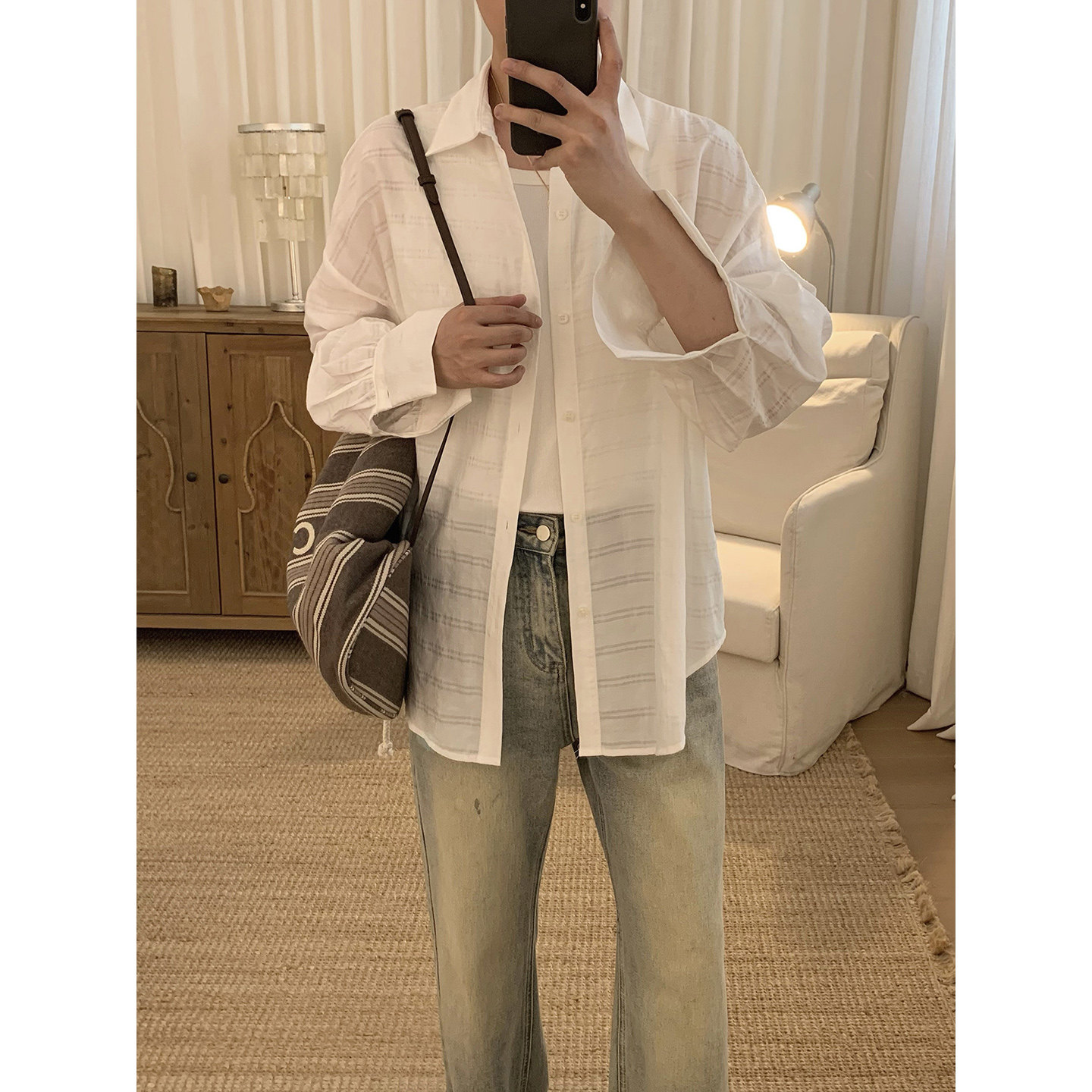 阿茶与阿古白色微透条纹衬衫男夏季韩版潮流宽松休闲百搭长袖衬衣