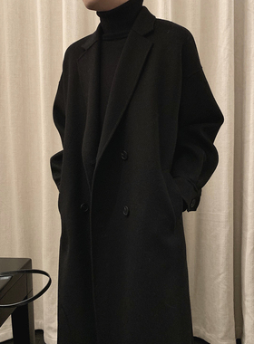 阿茶与阿古黑色双面毛呢大衣男中长款冬季潮流新款加厚呢子外套