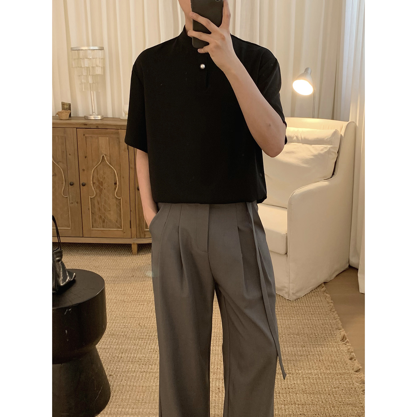 阿茶与阿古黑色一粒扣短袖衬衫男款夏季潮流垂感宽松休闲气质衬衣