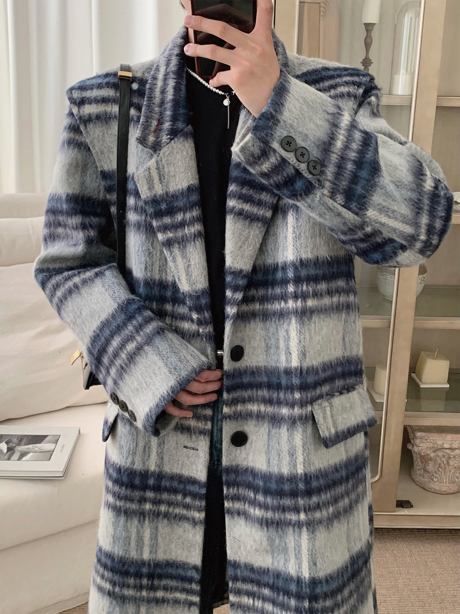 阿茶与阿古蓝色格纹毛呢大衣男中长款秋冬高级感时髦正肩呢子外套