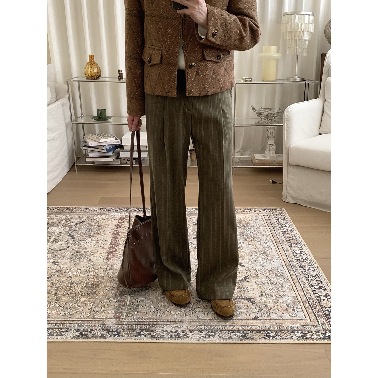 阿茶与阿古复古棕绿色条纹西裤男款冬季保暖加厚宽松直筒休闲长裤