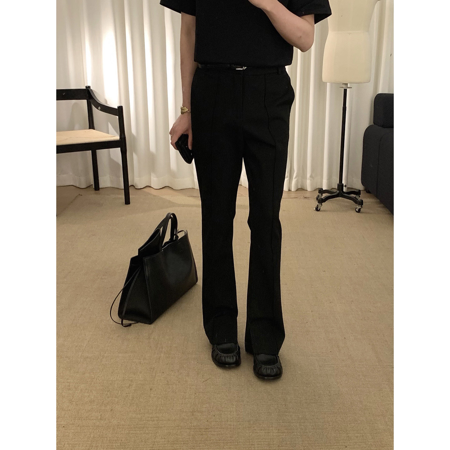 阿茶与阿古黑色修身微喇西裤男春季休闲百搭显高显瘦cleanfit长裤