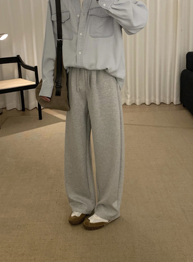 阿茶与阿古灰色慵懒休闲裤子男款秋季韩版立裁直筒宽松抽绳卫裤