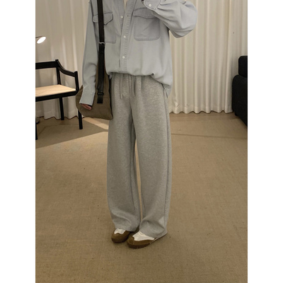 阿茶与阿古灰色慵懒休闲裤子男款秋季韩版立裁直筒宽松抽绳卫裤