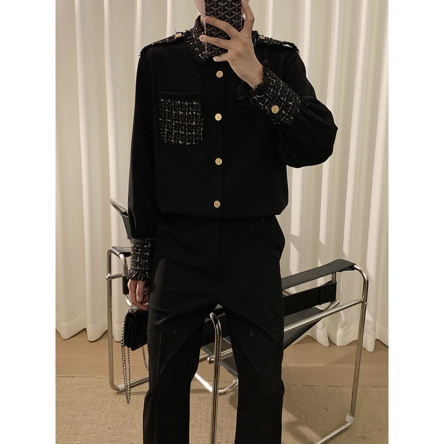 阿茶与阿古【黑金小香】小香风拼接衬衫男款秋季休闲宽松轻奢衬衣