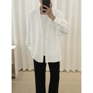 阿茶与阿古白色假两件白衬衫外套男款春季韩版慵懒风宽松休闲衬衣