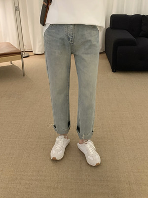 阿茶与阿古浅蓝须边牛仔裤男直筒宽松2024新款潮牌百搭休闲裤子