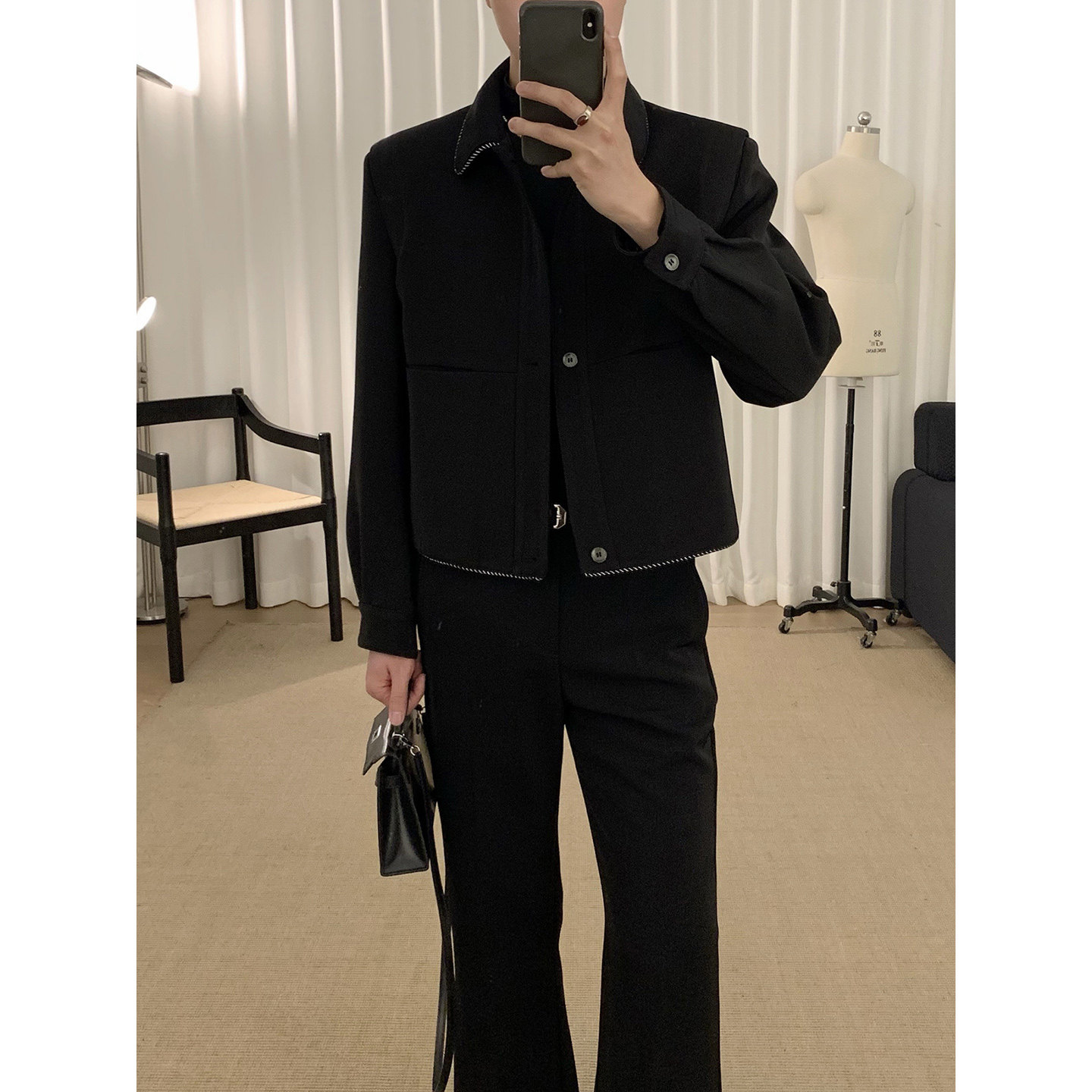 阿茶与阿古黑色镶边外套男款春季设计感垫肩休闲短款夹克上衣