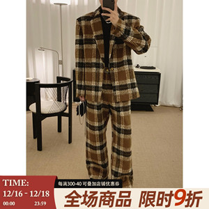 阿茶与阿古美拉德格纹毛呢西装套装男秋冬复古西服外套休闲西裤