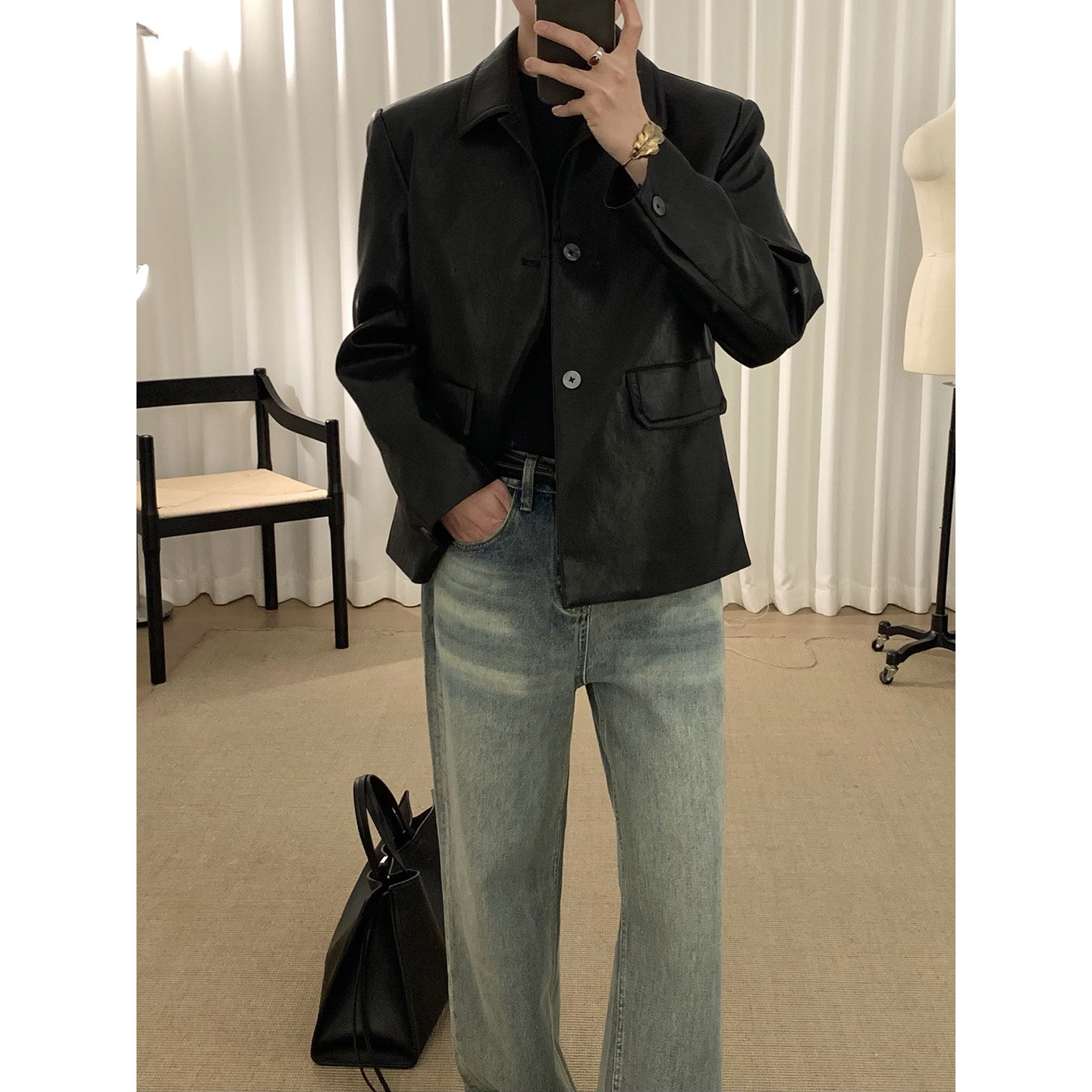 阿茶与阿古黑色轻简皮衣外套男春季新款韩版宽松休闲翻领皮夹克