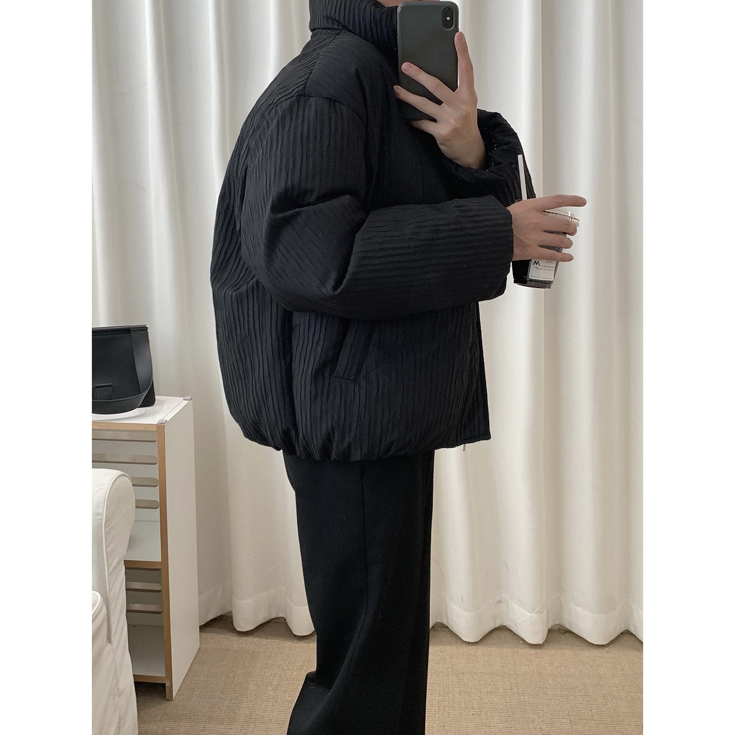 阿茶与阿古黑色压纹棉服男款冬季韩版宽松休闲百搭保暖棉衣外套