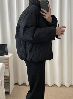 阿茶与阿古黑色压纹棉服男款冬季韩版宽松休闲百搭保暖棉衣外套