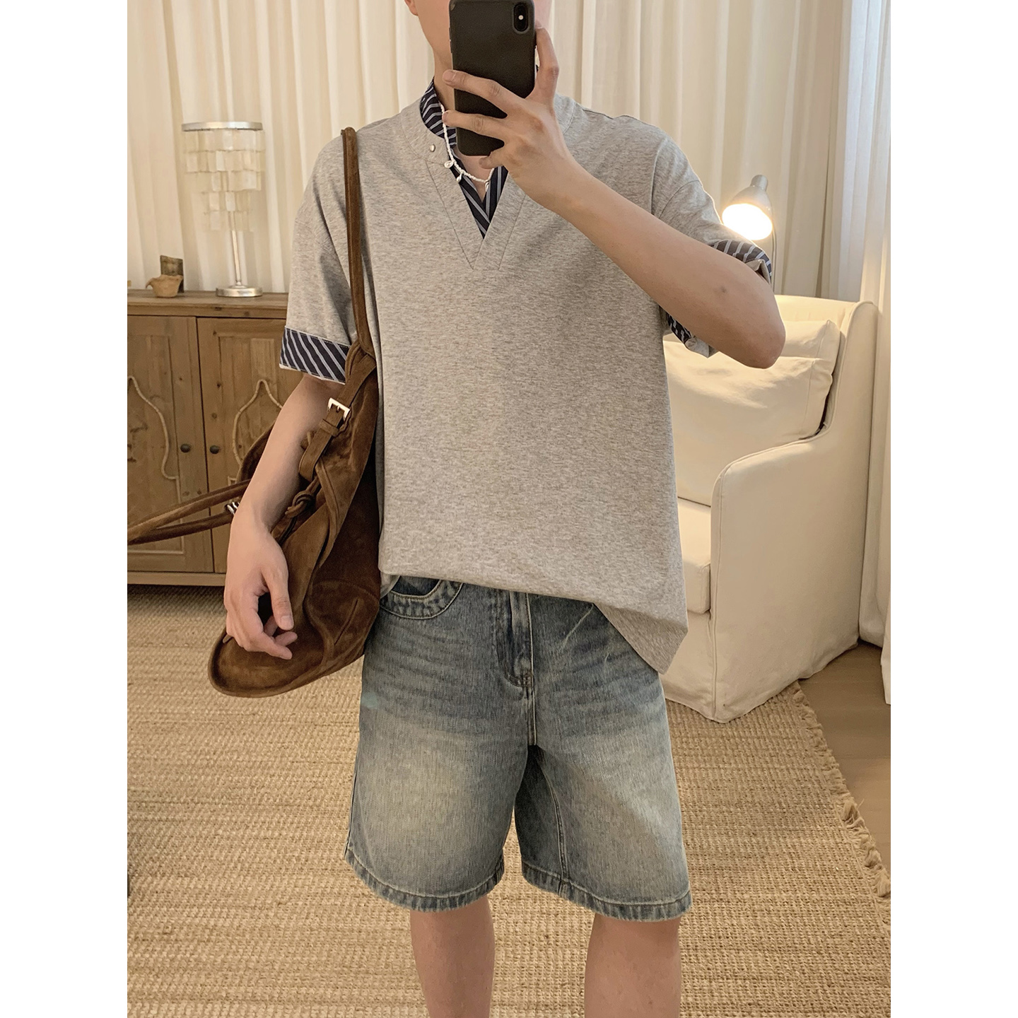 阿茶与阿古灰色假两件条纹拼接短袖t恤男款夏季潮流宽松休闲上衣