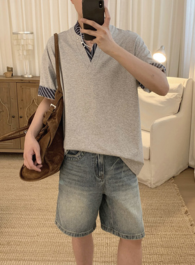 阿茶与阿古灰色假两件条纹拼接短袖t恤男款夏季潮流宽松休闲上衣