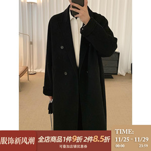 阿茶与阿古黑色双面羊毛大衣男冬季中长款潮流休闲宽松毛呢外套