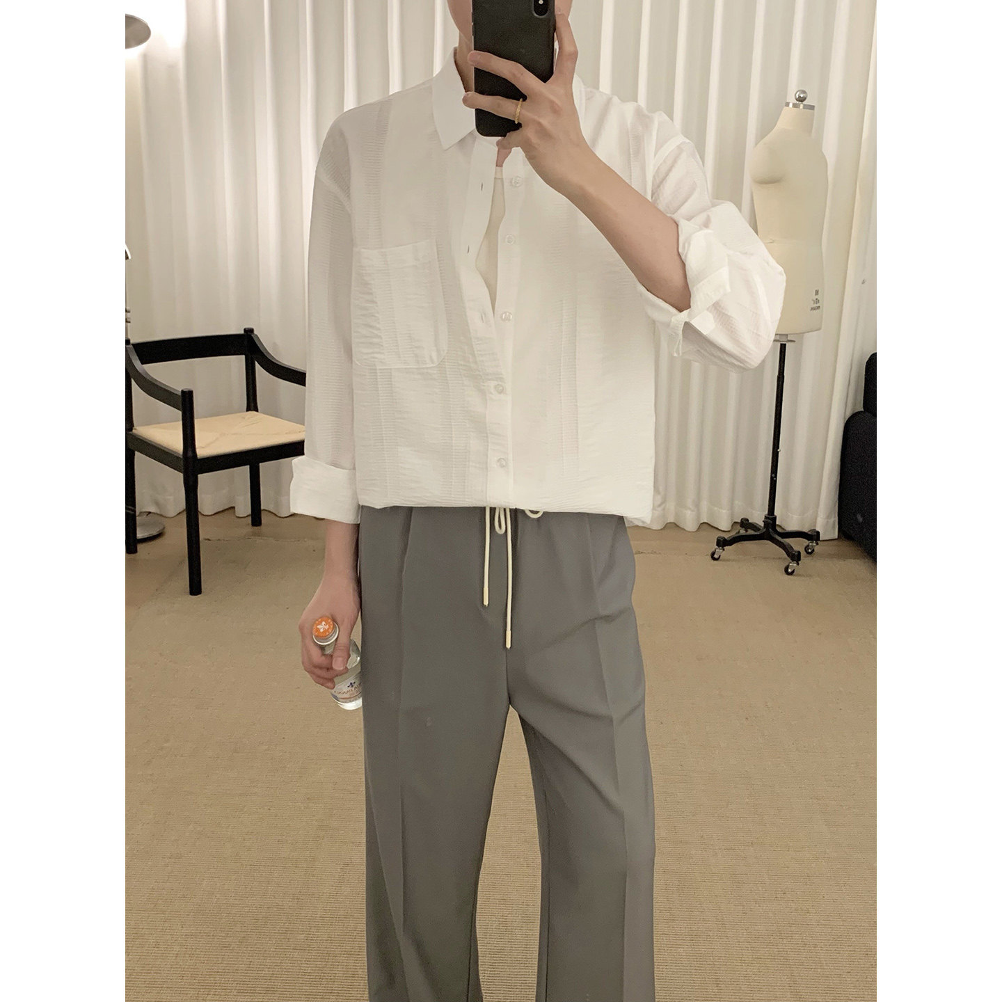 阿茶与阿古白色微透衬衫男长袖夏季新款防晒宽松休闲肌理感衬衣
