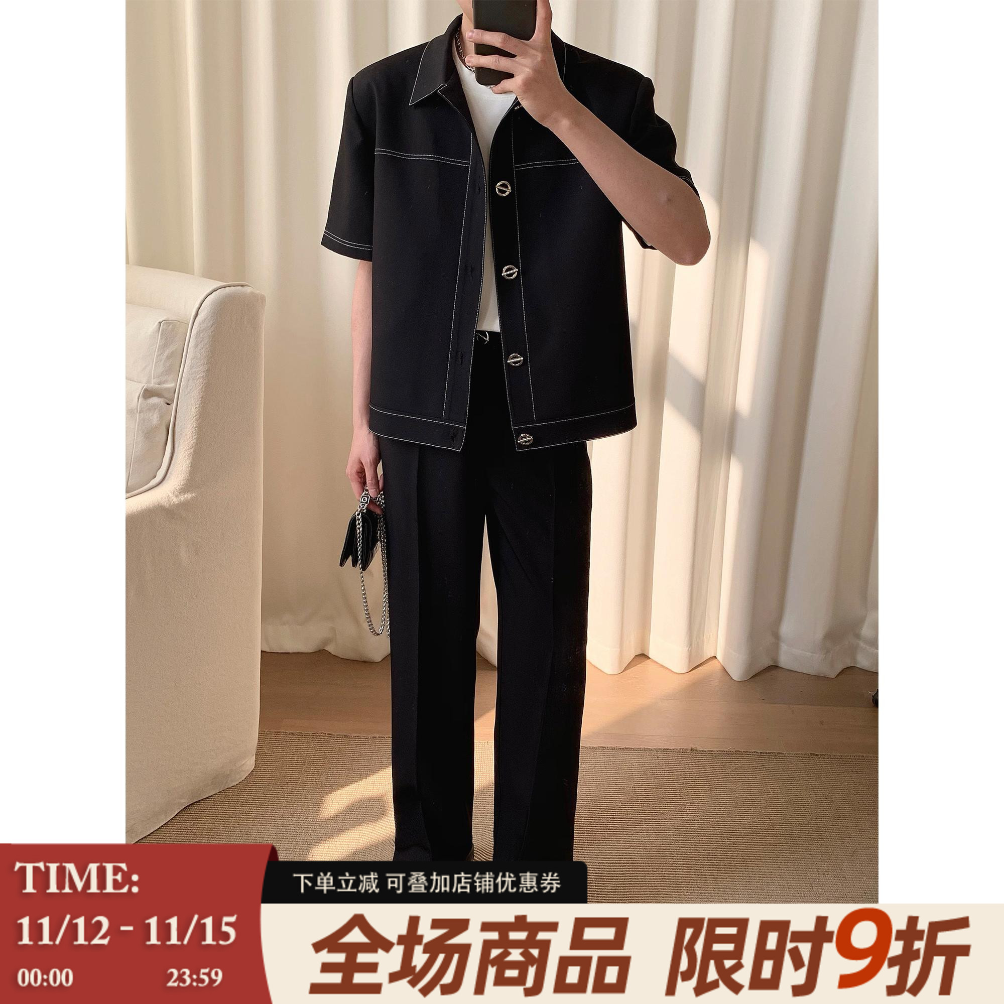 阿茶与阿古明线休闲套装男夏季潮流痞帅短袖夹克外套黑色搭配裤子