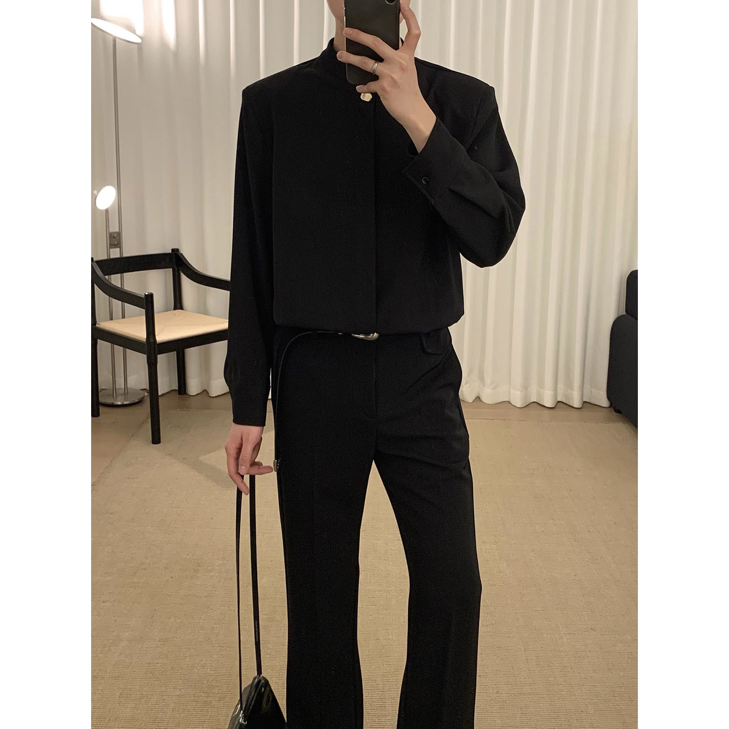 阿茶与阿古【早春金豆】黑色金扣设计感衬衫男长袖春季高级感衬衣