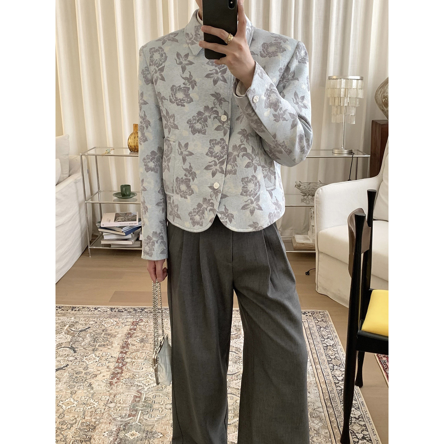 阿茶与阿古淡蓝提花新中式外套男款秋季斜门襟设计感休闲夹克上衣