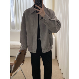 阿茶与阿古【轻质灰调】复古仿麂皮衣外套男秋季宽松休闲夹克上衣