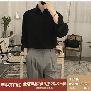 男韩版 潮流夏季 长袖 阿茶与阿古黑色垂感衬衫 薄款 丝滑宽松情侣衬衣