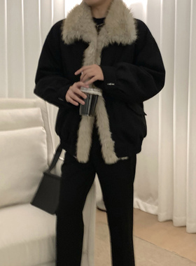 阿茶与阿古黑色仿麂皮毛翻领外套男款秋冬宽松复古棒球服夹克上衣