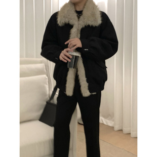 阿茶与阿古黑色仿麂皮毛翻领外套男款秋冬宽松复古棒球服夹克上衣