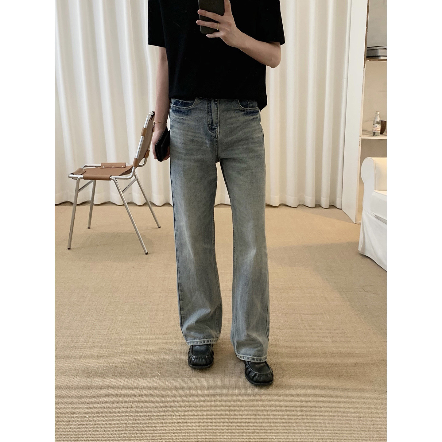 阿茶与阿古蓝色柔洗牛仔裤男款春季直筒宽松潮流设计感休闲长裤