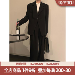 阿茶与阿古秀款黑色廓形西装套装男潮牌设计感一字扣西服拖地西裤