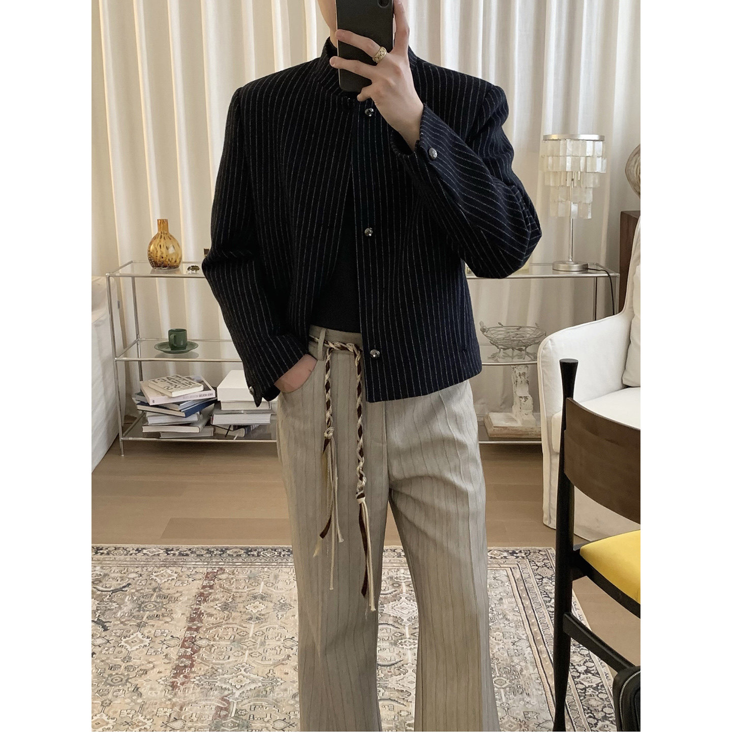 阿茶与阿古黑色条纹小立领羊毛外套男款秋冬夹棉简约休闲宽松夹克