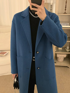 阿茶与阿古蓝色毛呢大衣男中长款秋冬潮流休闲宽松百搭呢子外套