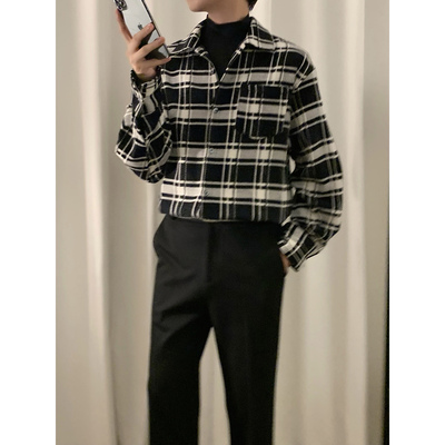 阿茶与阿古【秋冬绒格】黑白格子衬衫男款秋季宽松休闲长袖衬衣
