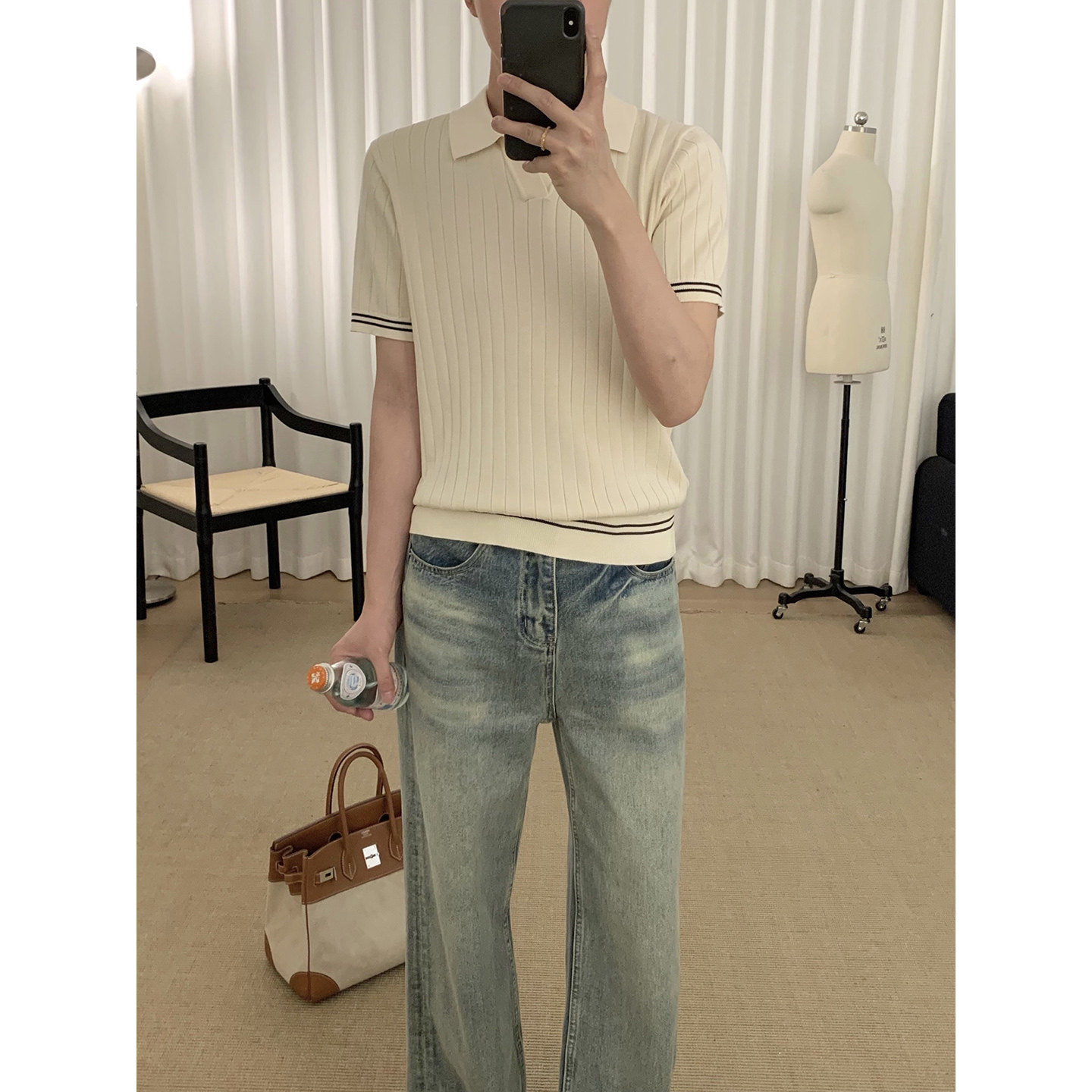 阿茶与阿古暗纹撞色冰丝polo衫男款夏季时髦高级感休闲短袖上衣