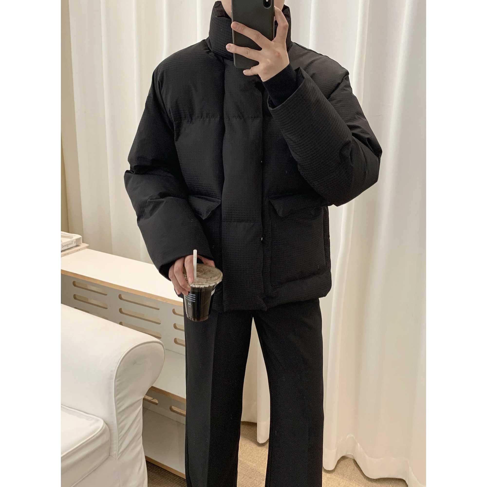 阿茶与阿古黑色华夫格棉服男款冬季潮牌保暖宽松休闲面包服棉衣