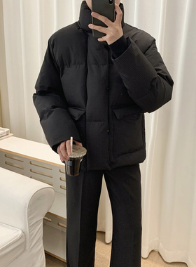 阿茶与阿古黑色华夫格棉服男款冬季潮牌保暖宽松休闲面包服棉衣