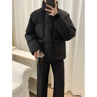 阿茶与阿古黑色华夫格棉服男款冬季潮牌保暖宽松休闲面包服棉衣