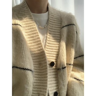 阿茶与阿古暖杏拉毛针织开衫外套男春秋新款韩版宽松休闲条纹毛衣