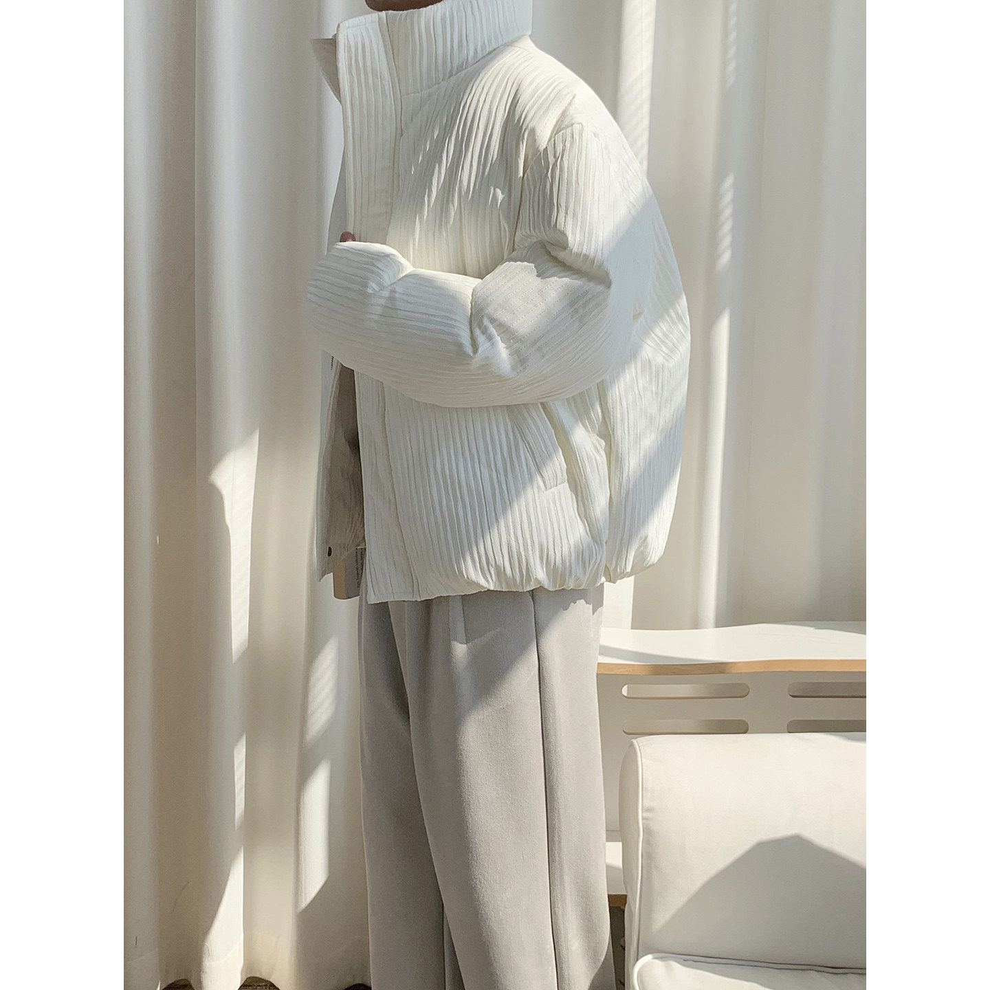 阿茶与阿古白色压纹棉服男款冬季韩版宽松休闲百搭保暖棉衣外套