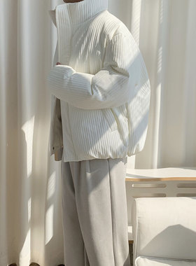 阿茶与阿古白色压纹棉服男款冬季韩版宽松休闲百搭保暖棉衣外套