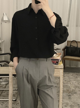 阿茶与阿古黑色垂感衬衫男韩版长袖潮流夏季薄款丝滑宽松情侣衬衣