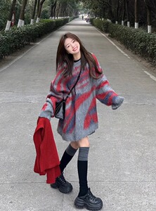 美式复古撞色马海毛慵懒风毛衣女秋冬季小众氛围感宽松针织衫上衣