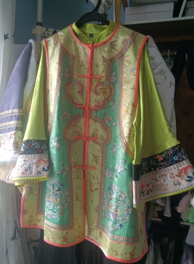 罗绮者新中式湖蓝色刺绣100%桑蚕丝马甲高品质中长款+果绿大袖衫